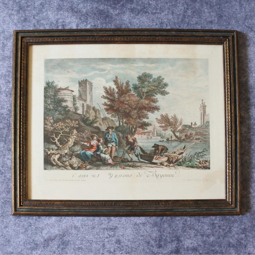 Antique 18th Century French Framed Fishing Scene Hand Colored Engraving Wall Art